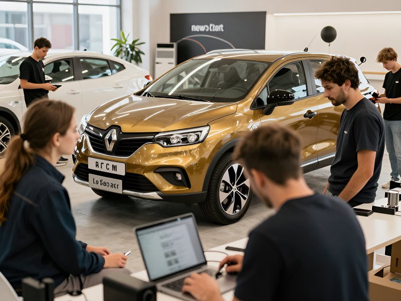 Команда менеджеров Renault-Online обсуждает детали продажи новых автомобилей в современном офисе Москвы
