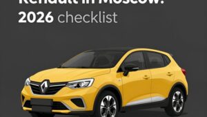 Современная иллюстрация автомобиля Renault на техническом обслуживании в сервисе для статьи о чек-листе 2026 года