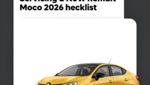 Современная иллюстрация автомобиля Renault на техническом обслуживании в сервисе для статьи о чек-листе 2026 года